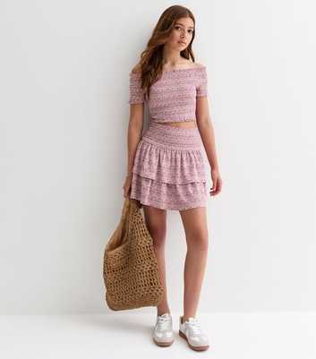 Girls Pink Shirred Tiered Mini Skirt