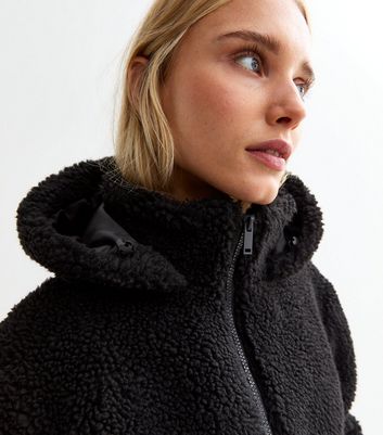 Hooded black teddy coat hotsell