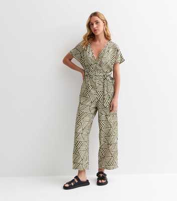 Green Geometric-Print V-Neck Wrap-Front Jumpsuit