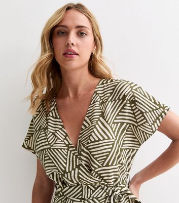 Green Geometric-Print V-Neck Wrap-Front Jumpsuit | New Look
