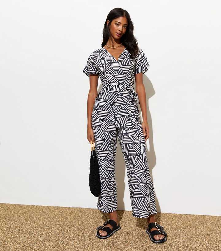 Blue Geometric-Print V-Neck Wrap-Front Jumpsuit