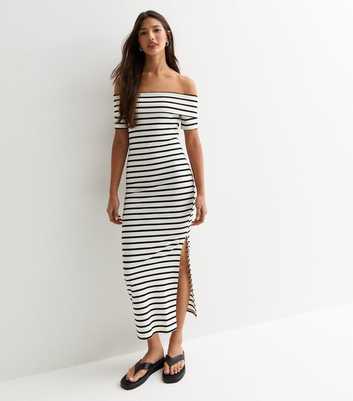 Off White Striped Bardot Midi Dress