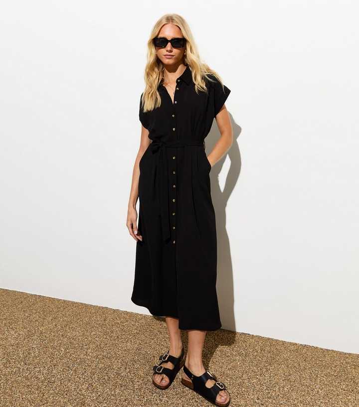 Black Button Through Belted Midi Shirt Dress