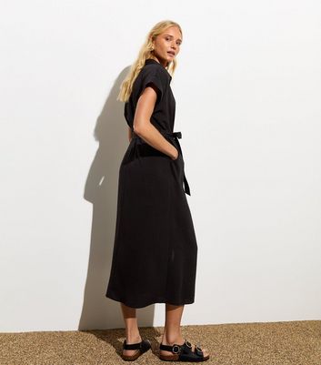 Black button through midi dress online