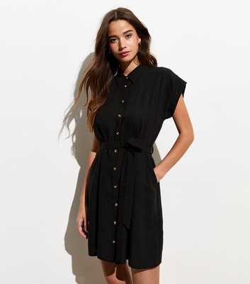 Black Button Through Belted Mini Shirt Dress