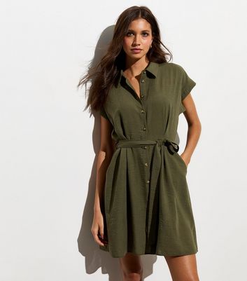 Khaki Button Through Belted Mini Shirt Dress New Look