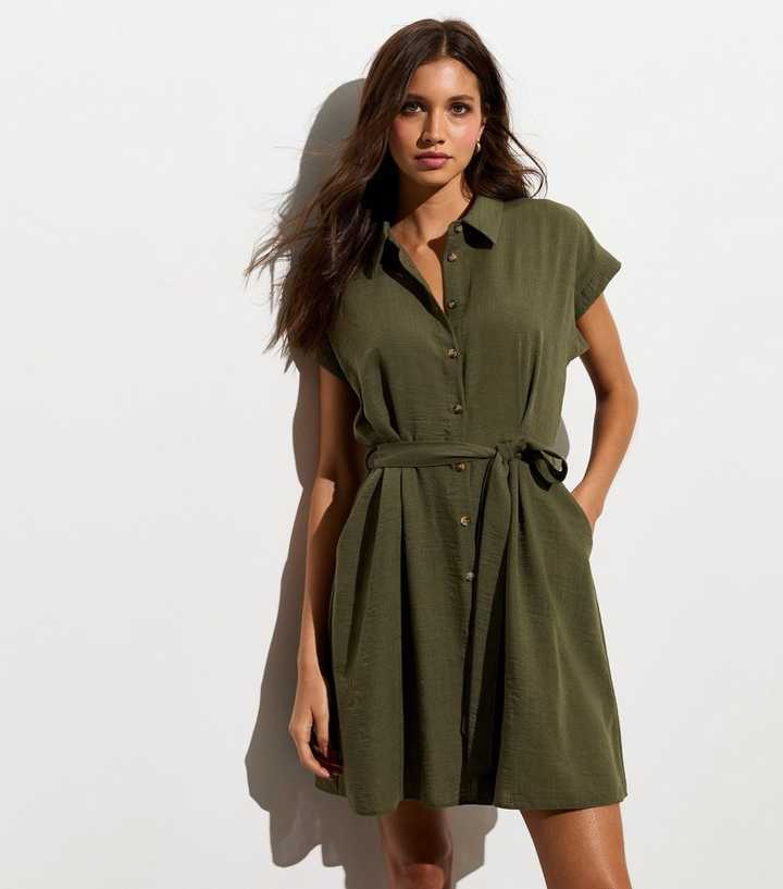 Khaki Button Through Belted Mini Shirt Dress