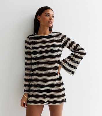 Black Stripe Crochet Flared Sleeve Mini Beach Dress