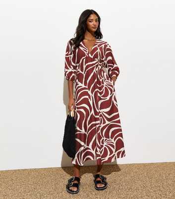 Brown Abstract-Print V-Neck Smock Midi Dress