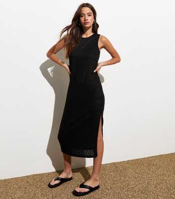 Black Textured Sleeveless Split Hem Midi Dress