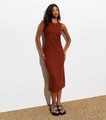 Brown Textured Sleeveless Split Hem Midi Dress