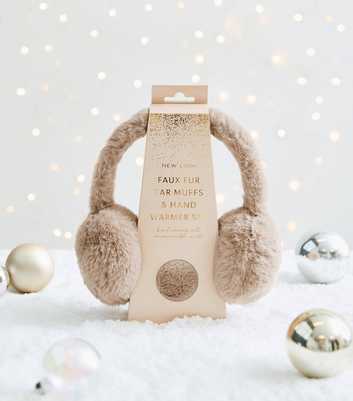 Beige Faux Fur Ear Muffs And Hand Warmer Set