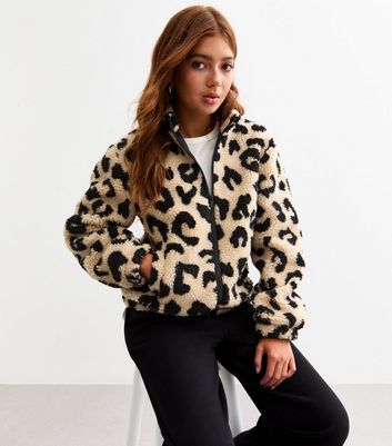 Girls Stone Leopard Print Borg Jacket New Look