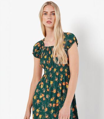 Apricot Green Rose Print Milkmaid Midi Dress New Look