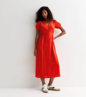 Red Button Through Midi Tea Dress New Look