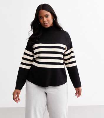 Curves Black Compact Knit Striped Jumper