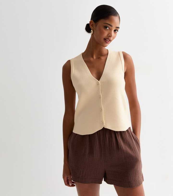 Cream Button-Up Knit Waistcoat 