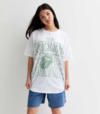 Girls White Oversized Rolling Stones Print T-Shirt