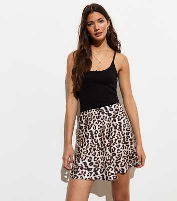 Brown Leopard-Print Satin Mini Skirt
