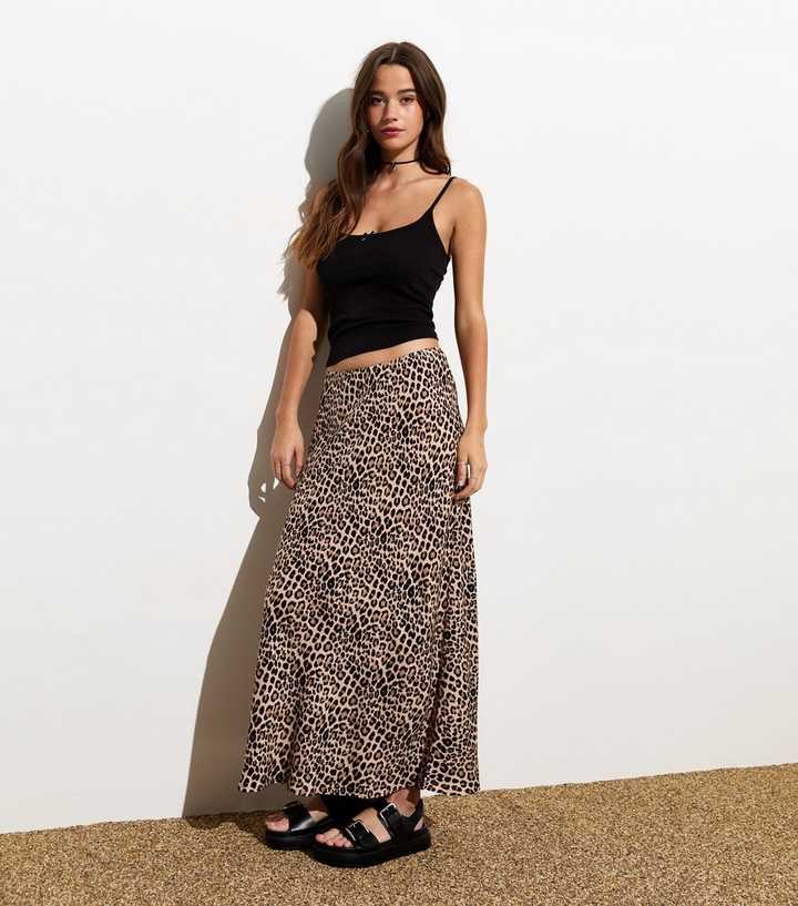 Brown Leopard Print Midi Skirt