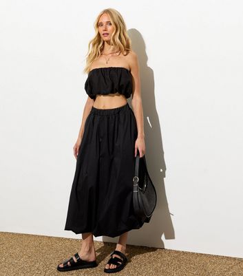 Black Bubble-Hem Midi Skirt New Look