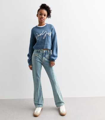 Girls Blue Exposed Seam Flared Leg Denim Jeans