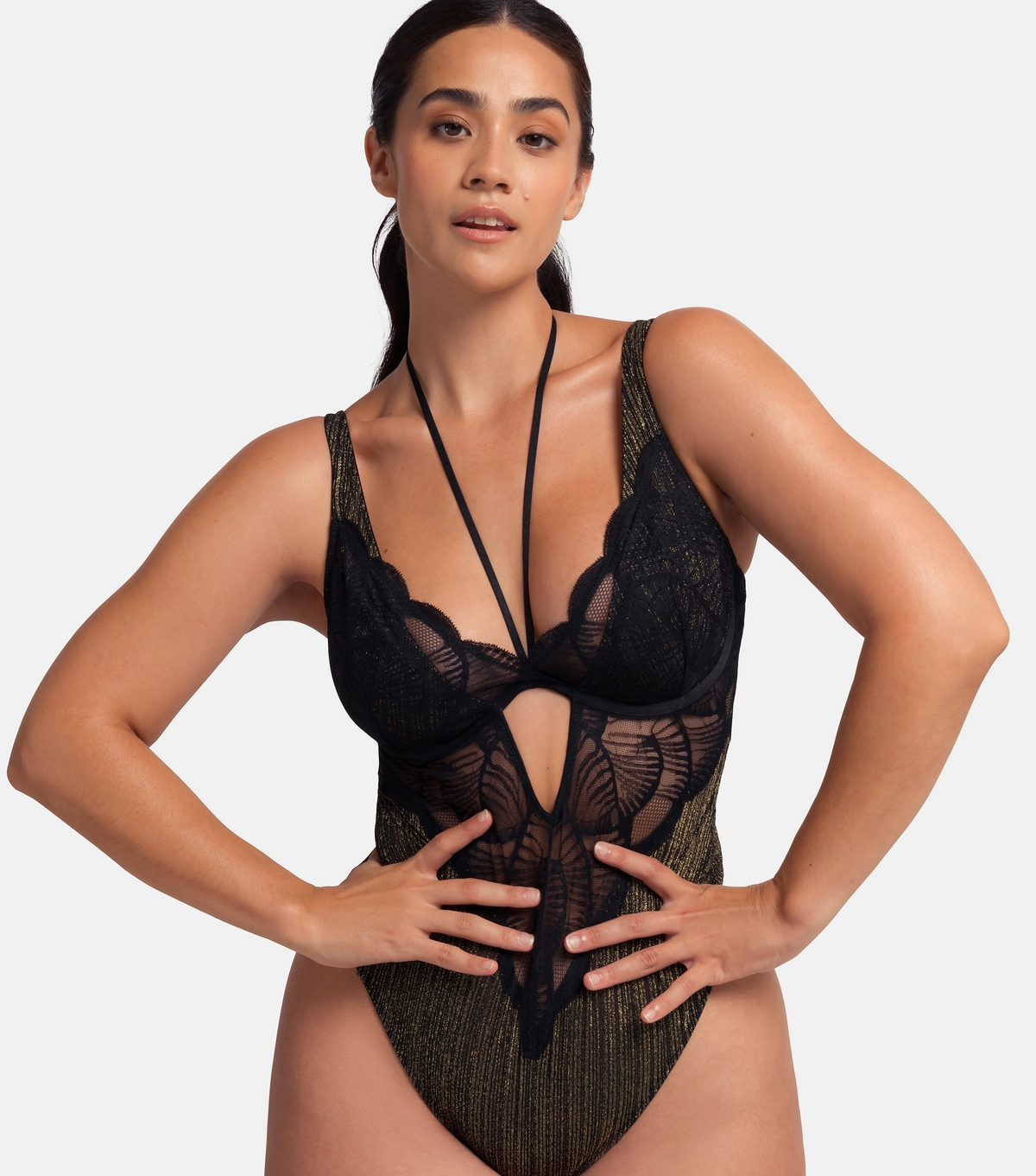 Women's Black Metallic Thread Pointelle Bodysuit Dorina New Look