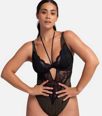 Dorina Black Metallic Thread Pointelle Bodysuit