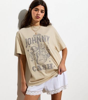 Cream Cotton Johnny Cash Graphic Oversized T Shirt New Look