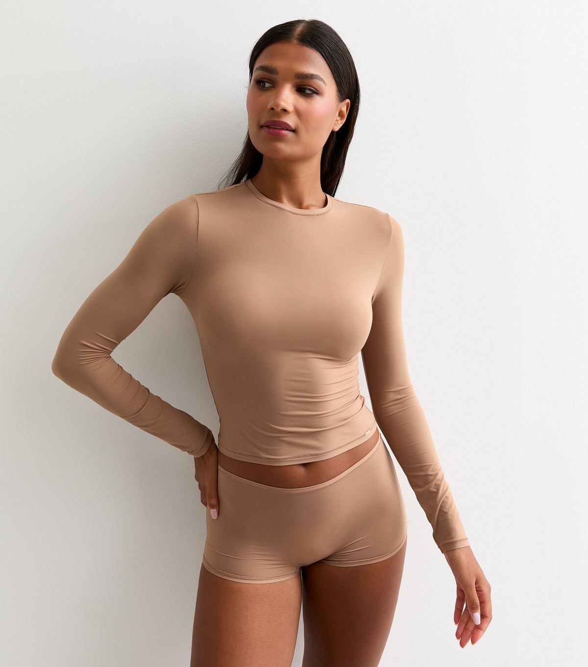 Women's Beige Smooth Microfibre Long Sleeve Top Dorina New Look