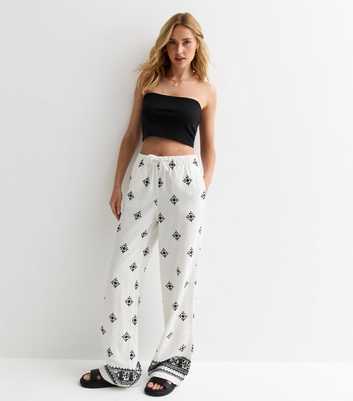 ONLY Off White Linen Blend Wide Leg Trousers