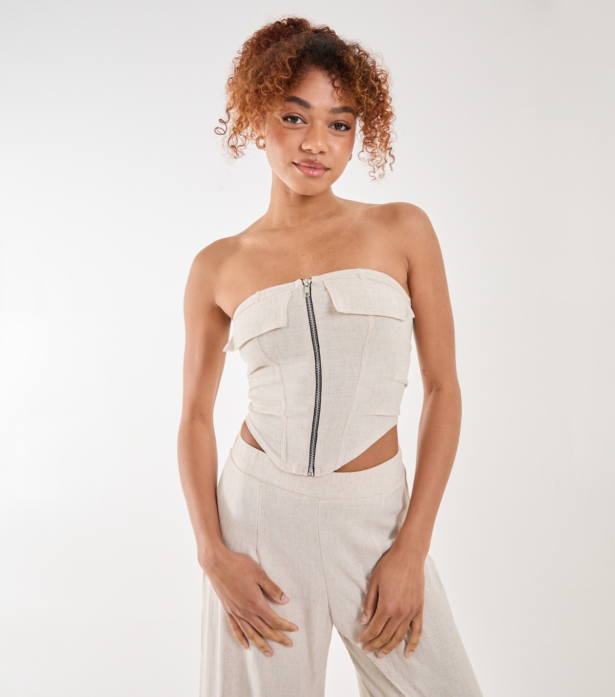 Women's Stone Linen-Look Corset Top Pink Vanilla New Look