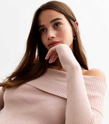 Pink Rib Knit Foldover Bardot Jumper 