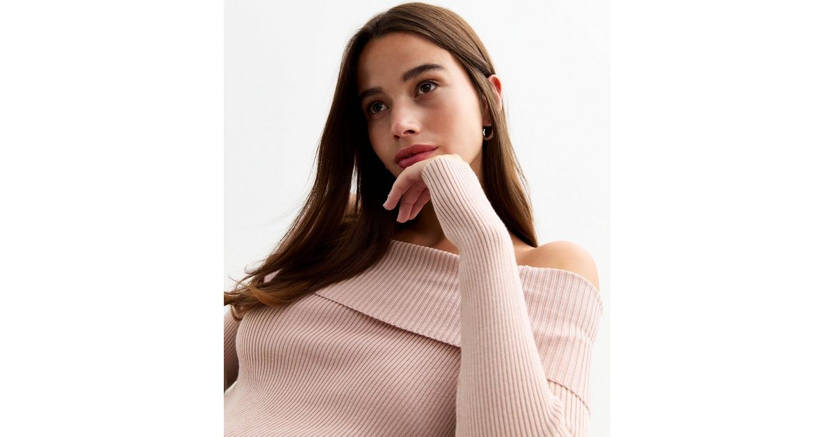 Pink Rib Knit Foldover Bardot Jumper New Look