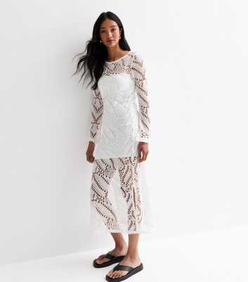 ONLY Off White Crochet Long Sleeve Midi Dress