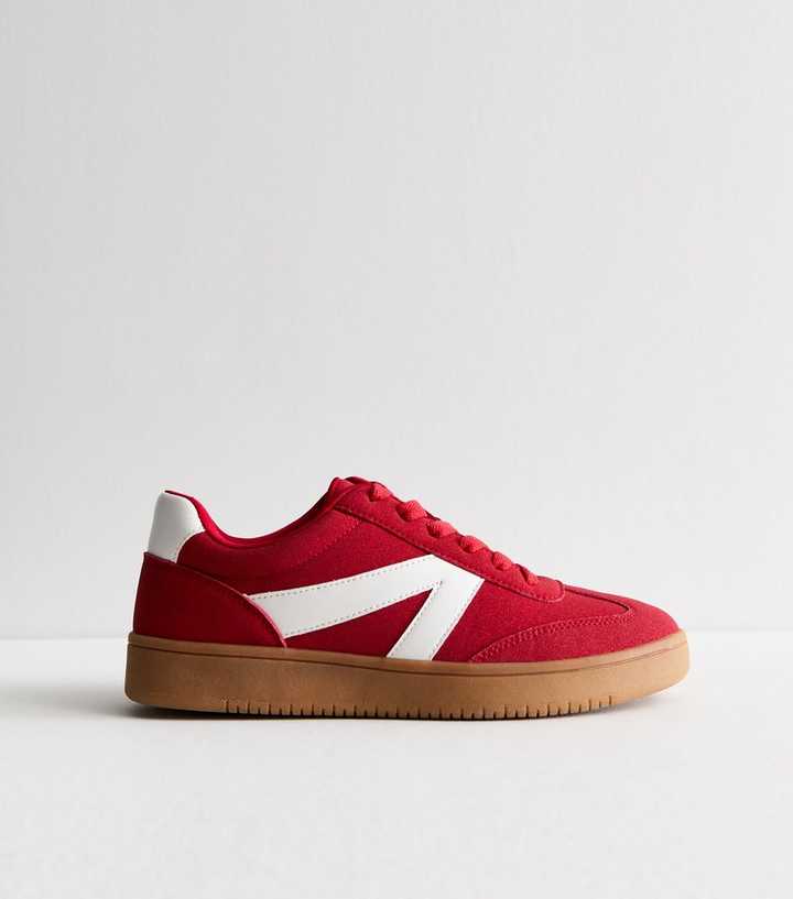 Red Brushed Faux Leather Chunky Sole Trainers