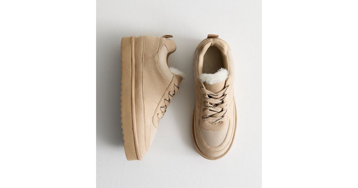 Beige Faux Fur Lined Trainers New Look