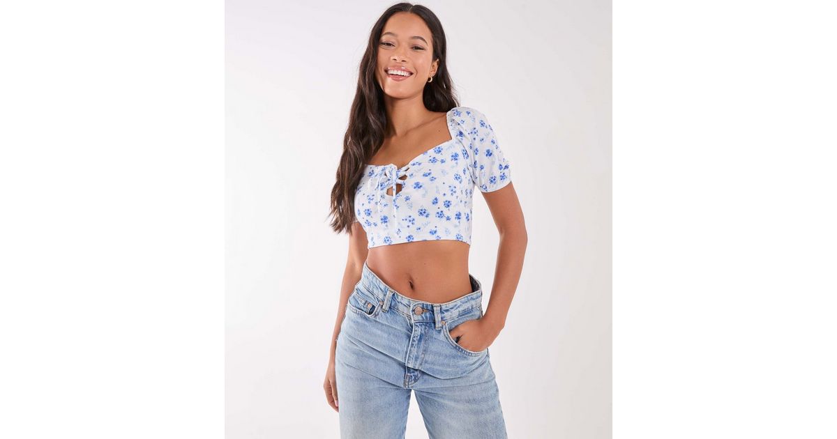 Women's Pink Floral Print Puff Sleeve Crop Top