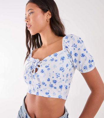 Pink Vanilla Blue Floral Puff Sleeve Crop Top New Look