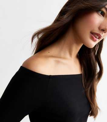 Black Ribbed Long Sleeved Bardot Top