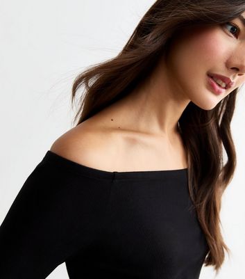 Black ribbed bardot top online