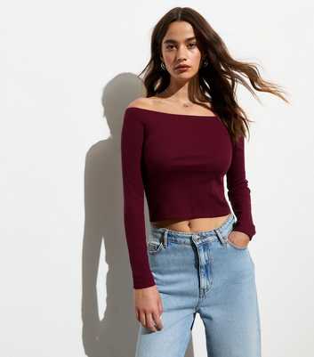 Burgundy Ribbed Long Sleeved Bardot Top