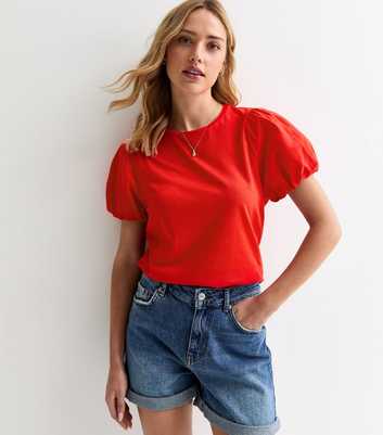 Red Puff-Sleeve Cotton T-Shirt 