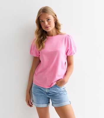 Pink Puff-Sleeve Cotton T-Shirt 