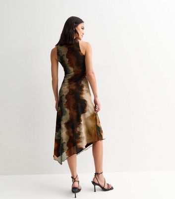 Brown Mesh Tie Dye Print Hanky Hem Sleeveless Midi Dress New Look