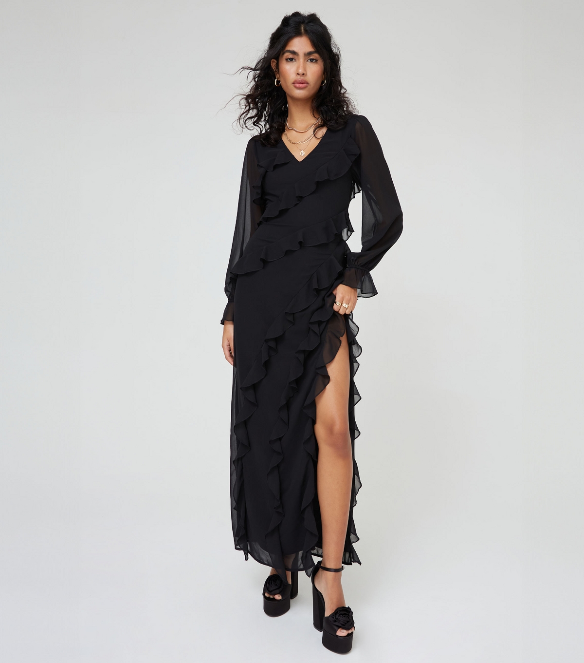 Women's Black Long Sleeve Ruffle Split Hem Maxi Dress WKNDGIRL New Look