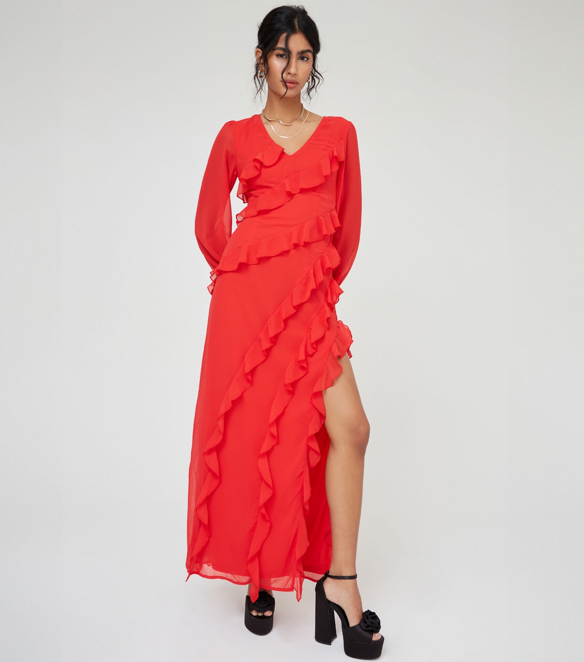 Women's Red Long Sleeve Ruffle Split Hem Maxi Dress WKNDGIRL New Look