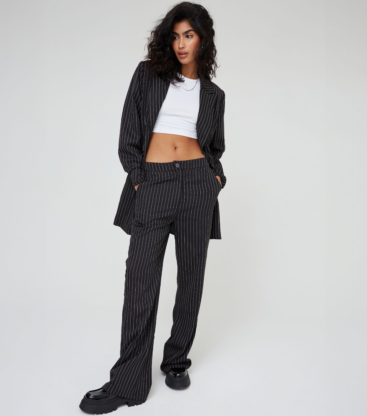 Women's Black Pinstripe High Waist Flared Trousers WKNDGIRL New Look