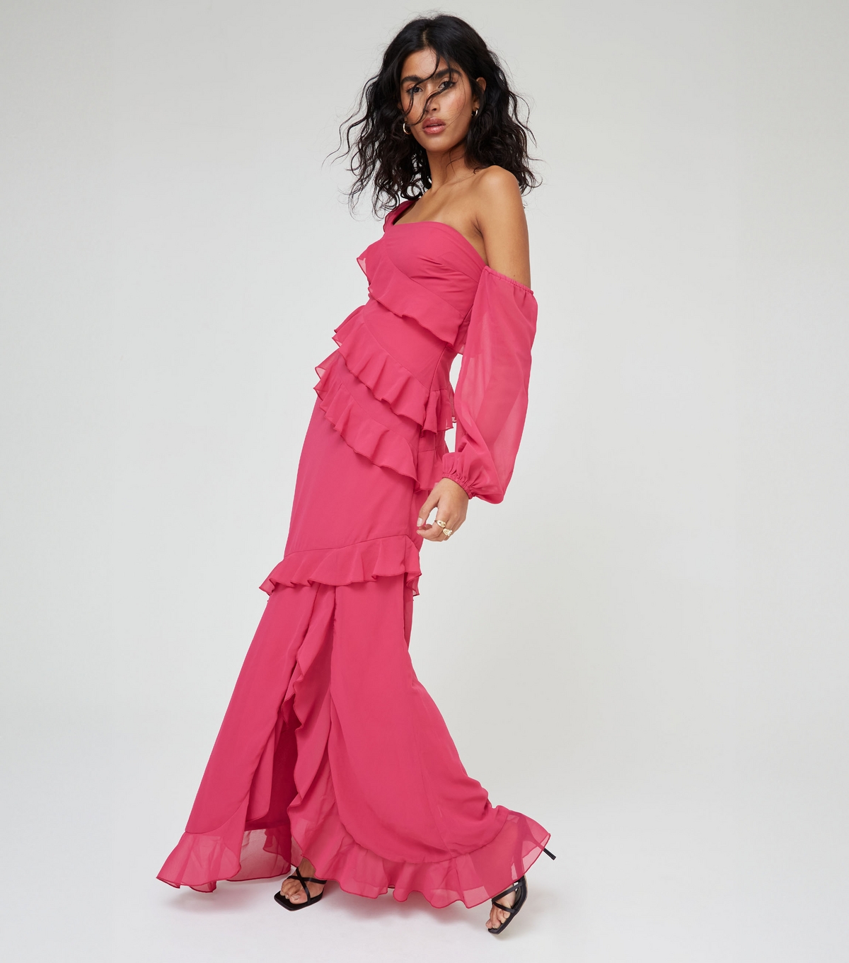 Women's Pink One Shoulder Ruffle Maxi Dress WKNDGIRL New Look
