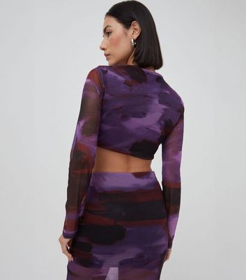 WKNDGIRL Purple Abstract Print Mesh Long Sleeve Crop Top New Look